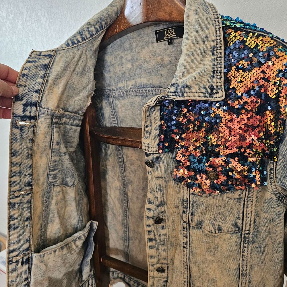 Lucky & Blessed Sequin Distressed Denim Jacket Womens Small Western Cowgirl Fray